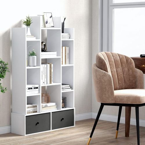 Bibliothèque à 12 Niveaux Avec 2 Tiroir Amovible, Étagère 12 Compartiments 81x24x132cm Blanc