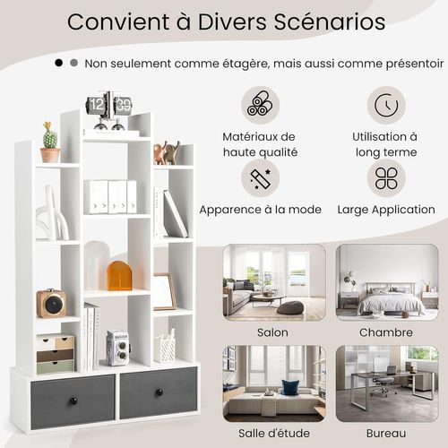 Bibliothèque à 12 Niveaux Avec 2 Tiroir Amovible, Étagère 12 Compartiments 81x24x132cm Blanc