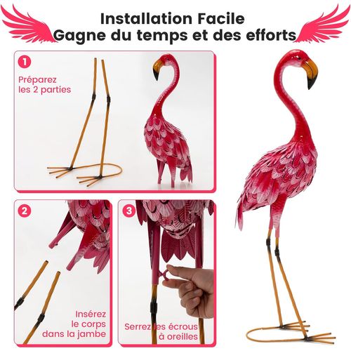 Statue De Flamant Rose Lot De 2 Pour Jardin Cadre En Métal Imperméable Plumes De Couleur
