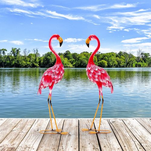 Statue De Flamant Rose Lot De 2 Pour Jardin Cadre En Métal Imperméable Plumes De Couleur