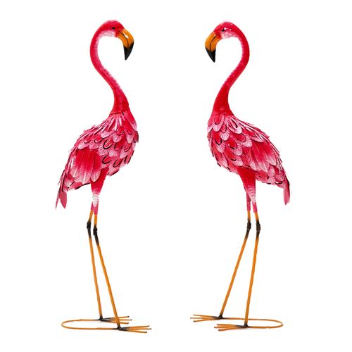 Statue De Flamant Rose Lot De 2 Pour Jardin Cadre En Métal Imperméable Plumes De Couleur