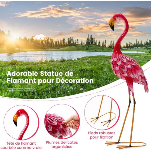 Statue De Flamant Rose Lot De 2 Pour Jardin Cadre En Métal Imperméable Plumes De Couleur
