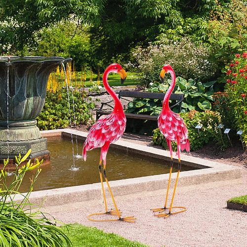 Statue De Flamant Rose Lot De 2 Pour Jardin Cadre En Métal Imperméable Plumes De Couleur