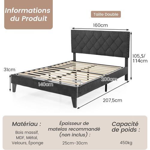 Lit Double Avec Tête De Lit 140x200 Cm, Cadre De Lit Plateforme Tapissé Avec Tête De Lit à Dossier