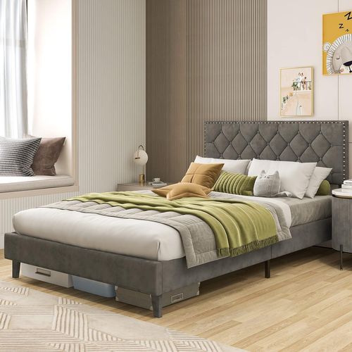 Lit Double Avec Tête De Lit 140x200 Cm, Cadre De Lit Plateforme Tapissé Avec Tête De Lit à Dossier