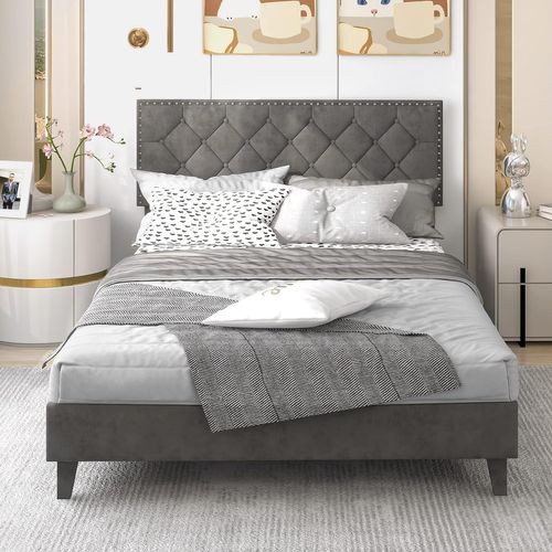 Lit Double Avec Tête De Lit 140x200 Cm, Cadre De Lit Plateforme Tapissé Avec Tête De Lit à Dossier