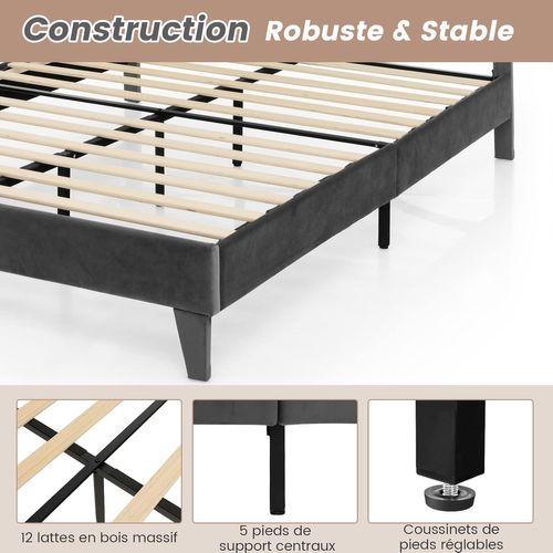 Lit Double Avec Tête De Lit 140x200 Cm, Cadre De Lit Plateforme Tapissé Avec Tête De Lit à Dossier