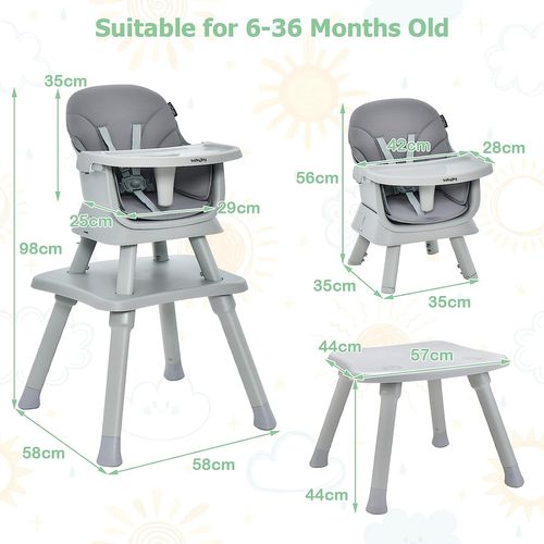 Chaise Haute Bébé Evolutive 6 En 1 Avec Plateau, Harnais à 5 Points,charge 25kg,6-36 Mois Gris