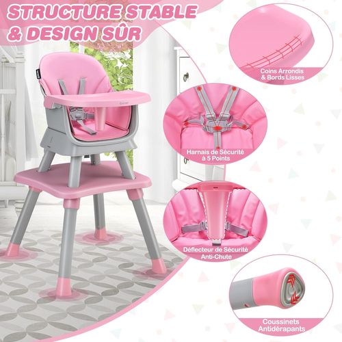 Chaise Haute Bébé Evolutive 6 En 1 Avec Plateau, Harnais à 5 Points,charge 25kg,6-36 Mois Rose