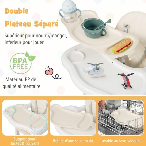 3 En 1 Chaise Haute Bébé Convertible Avec Plateau, Harnais 5 Points, Charge 20kg, 6-36 Mois Beige