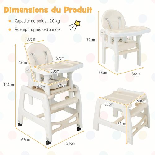 3 En 1 Chaise Haute Bébé Convertible Avec Plateau, Harnais 5 Points, Charge 20kg, 6-36 Mois Beige