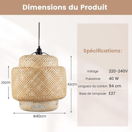 Suspension En Bambou Armature Ø 40 X H 43 Cm Abat-jour Tressé à La Main Rustique Fil 0-90cm E27 40w