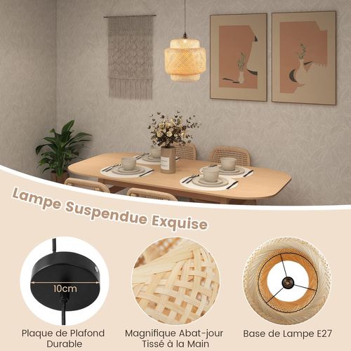 Suspension En Bambou Armature Ø 40 X H 43 Cm Abat-jour Tressé à La Main Rustique Fil 0-90cm E27 40w