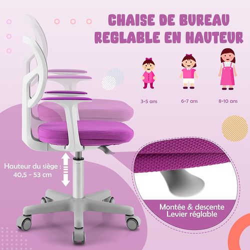 Chaise De Bureau Pivotante Enfants Avec Hauteur Réglable 80-91,5cm, Coussin Amovible, 3-10 Ans