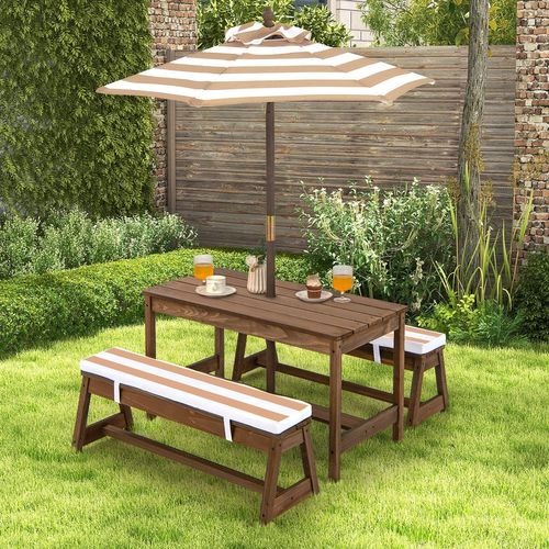 Table De Pique-nique Pour Enfants Avec Parasol Réglable, Salon De Jardin En Bois,marron