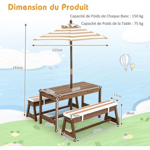 Table De Pique-nique Pour Enfants Avec Parasol Réglable, Salon De Jardin En Bois,marron