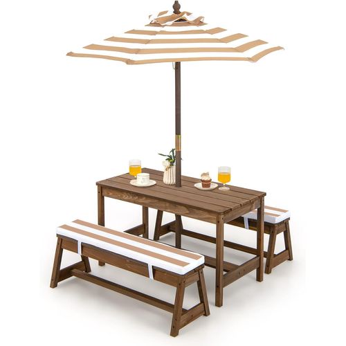 Table De Pique-nique Pour Enfants Avec Parasol Réglable, Salon De Jardin En Bois,marron