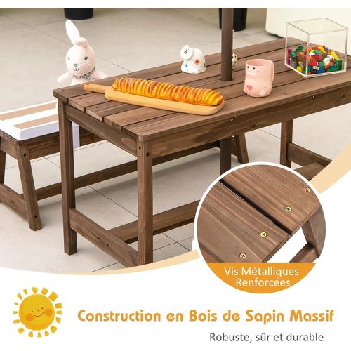 Table De Pique-nique Pour Enfants Avec Parasol Réglable, Salon De Jardin En Bois,marron