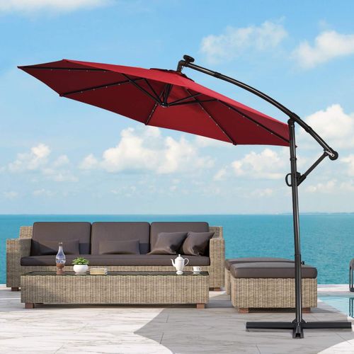Parasol Déporté Exterieur Lumières LED Solaires 3m, Parasol De Marché à 8 Côtes En Aluminium