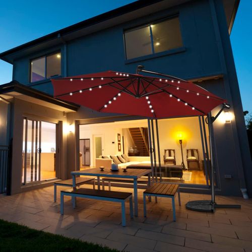 Parasol Déporté Exterieur Lumières LED Solaires 3m, Parasol De Marché à 8 Côtes En Aluminium