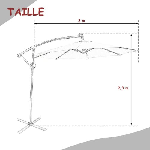 Parasol Déporté Exterieur Lumières LED Solaires 3m, Parasol De Marché à 8 Côtes En Aluminium