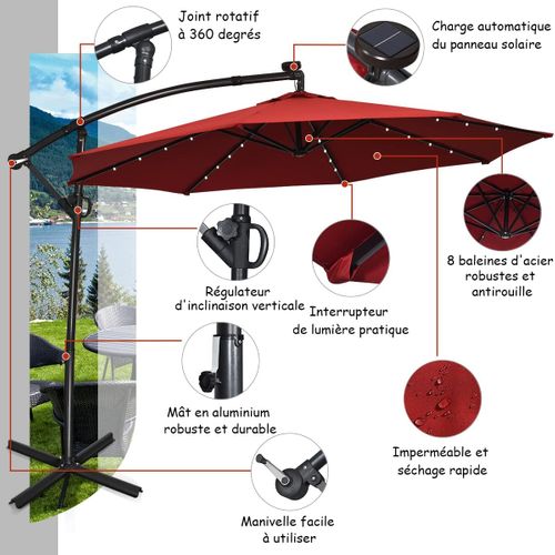 Parasol Déporté Exterieur Lumières LED Solaires 3m, Parasol De Marché à 8 Côtes En Aluminium