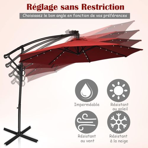 Parasol Déporté Exterieur Lumières LED Solaires 3m, Parasol De Marché à 8 Côtes En Aluminium