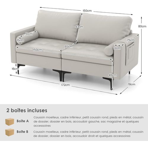 Canapé 2 Places, Canapé Droit Avec Sac De Porte-revue Latéral
