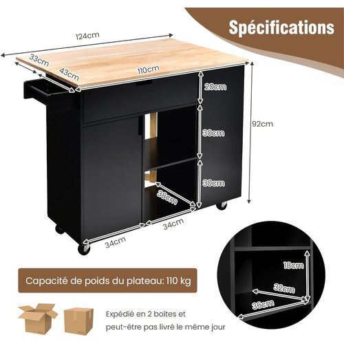 Ilot Central Cuisine Plateau En Bois D'hévéa Pliable, Desserte à Roulettes Porte-serviettes,noir