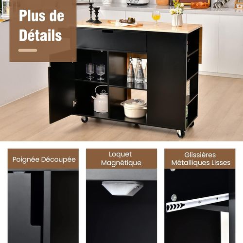 Ilot Central Cuisine Plateau En Bois D'hévéa Pliable, Desserte à Roulettes Porte-serviettes,noir