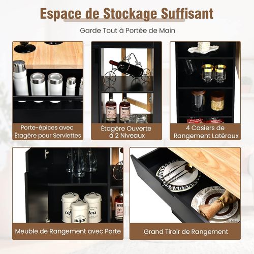 Ilot Central Cuisine Plateau En Bois D'hévéa Pliable, Desserte à Roulettes Porte-serviettes,noir