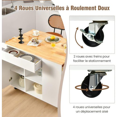 Ilot Central Cuisine Comptoir En Bois De Caoutchouc Pliable, Desserte 124x76x92cm Blanc