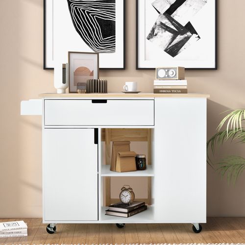 Ilot Central Cuisine Comptoir En Bois De Caoutchouc Pliable, Desserte 124x76x92cm Blanc