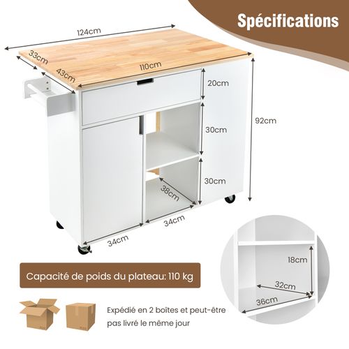 Ilot Central Cuisine Comptoir En Bois De Caoutchouc Pliable, Desserte 124x76x92cm Blanc