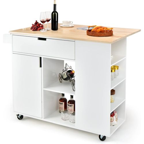 Ilot Central Cuisine Comptoir En Bois De Caoutchouc Pliable, Desserte 124x76x92cm Blanc