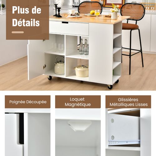 Ilot Central Cuisine Comptoir En Bois De Caoutchouc Pliable, Desserte 124x76x92cm Blanc