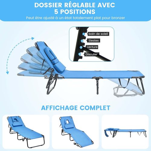 Chaise Longue Pliante Réglable à 5 Positions Avec Trou Pour Visage, Charge 160kg, 63 X 30 X 194 Cm