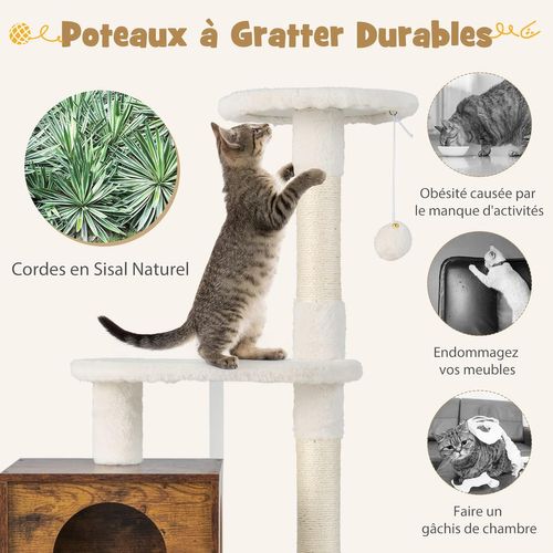 Arbre à Chat En Bois 132 Cm Avec Maison De Toilette Pour Chat à Double Porte, Griffoir En Sisal, St