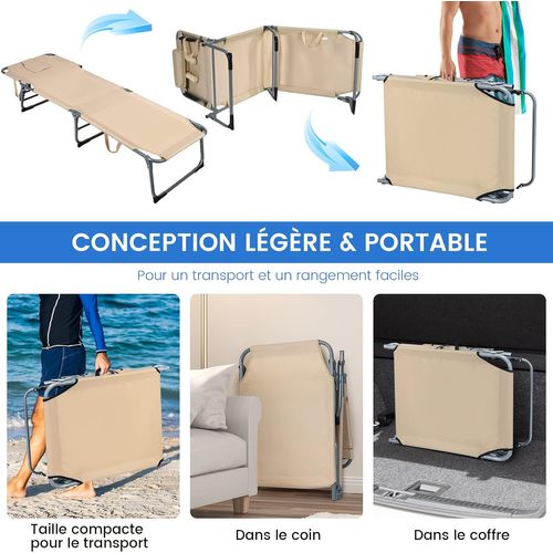 Chaise Longue Pliante Réglable à 5 Positions Avec Appuie-tête Cavité Faciale,charge 150kg, Beige