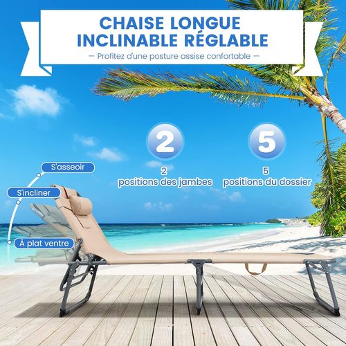Chaise Longue Pliante Réglable à 5 Positions Avec Appuie-tête Cavité Faciale,charge 150kg, Beige