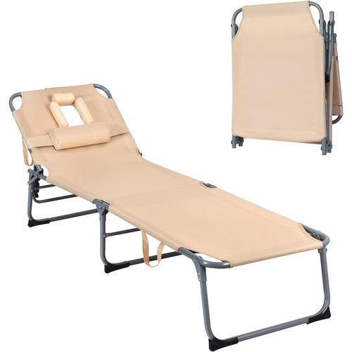 Chaise Longue Pliante Réglable à 5 Positions Avec Appuie-tête Cavité Faciale,charge 150kg, Beige