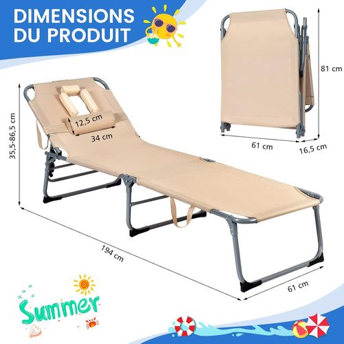 Chaise Longue Pliante Réglable à 5 Positions Avec Appuie-tête Cavité Faciale,charge 150kg, Beige
