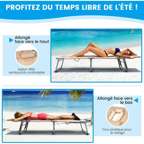 Chaise Longue Pliante Réglable à 5 Positions Avec Appuie-tête Cavité Faciale,charge 150kg, Beige