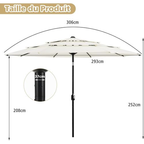 Parasol De Terrasse 3m à 3 Niveaux, Inclinaison à Bouton-poussoir, Manivelle Manuelle (beige)