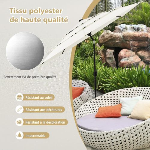 Parasol De Terrasse 3m à 3 Niveaux, Inclinaison à Bouton-poussoir, Manivelle Manuelle (beige)
