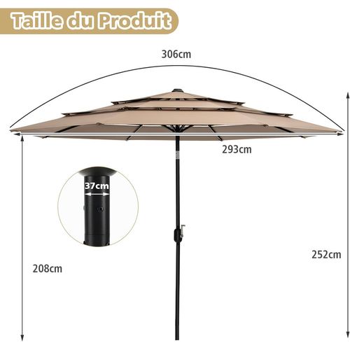 Parasol De Terrasse 3m à 3 Niveaux, Parapluie D'extérieur Double Ventilé (café)