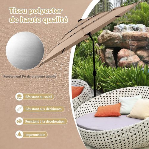 Parasol De Terrasse 3m à 3 Niveaux, Parapluie D'extérieur Double Ventilé (café)