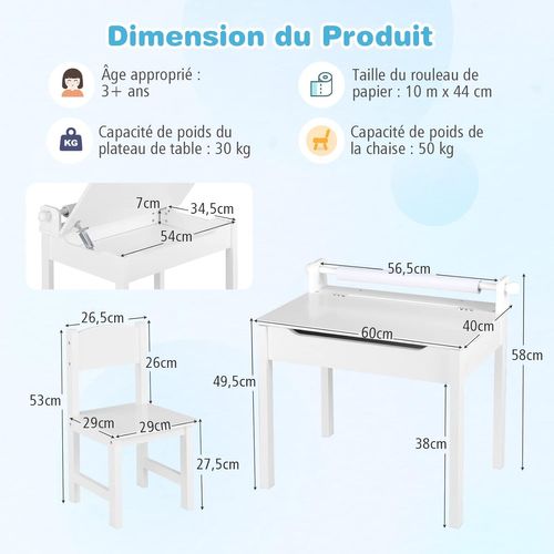 Bureau En Pin Avec Tabouret Et Plateau Rabattable Et Rouleau De Papier, Pour Enfants De 3 Ans+ Blanc