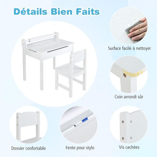 Bureau En Pin Avec Tabouret Et Plateau Rabattable Et Rouleau De Papier, Pour Enfants De 3 Ans+ Blanc