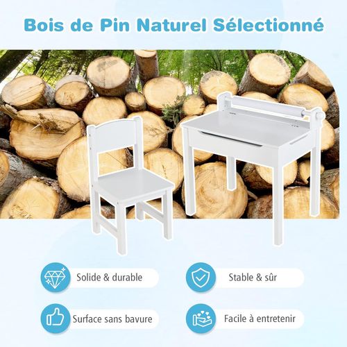 Bureau En Pin Avec Tabouret Et Plateau Rabattable Et Rouleau De Papier, Pour Enfants De 3 Ans+ Blanc